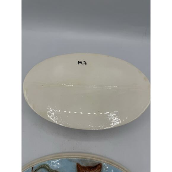 Vintage Embossed Owl Ceramic Trinket Box M.R. Signed Oval Nature Scene 8x5” - Picture 7 of 12